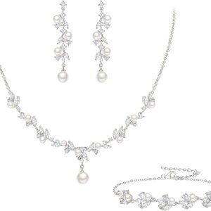 Women's Faux Pearl Jewelry Set Bridal Necklace Earrings Bracelet Hypoallergenic